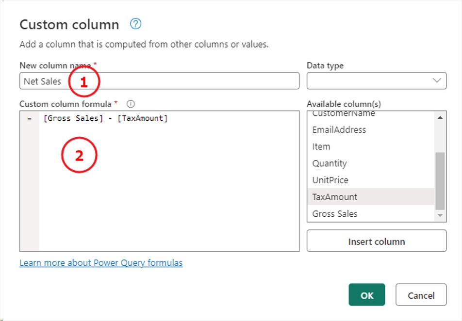 custom column in power query, m-dax net sales