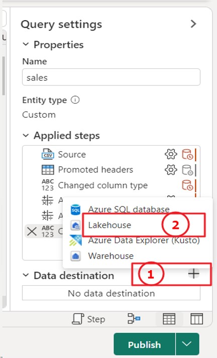 add a destination in dataflow gen2