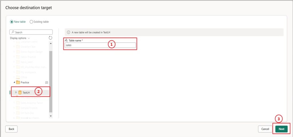 set destination target in dataflow gen2