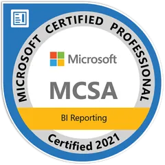 Microsoft Certified Solutions Associate (MCSA): BI Reporting badge, certified 2021